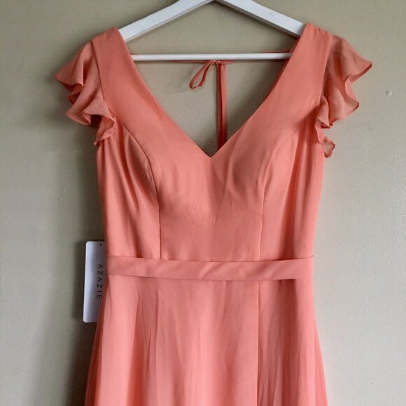 AZAZIE CLAUDINE A-Line Flutter Sleeve Chiffon Floor-Length Dress Sunset Size 4 - Picture 7 of 14